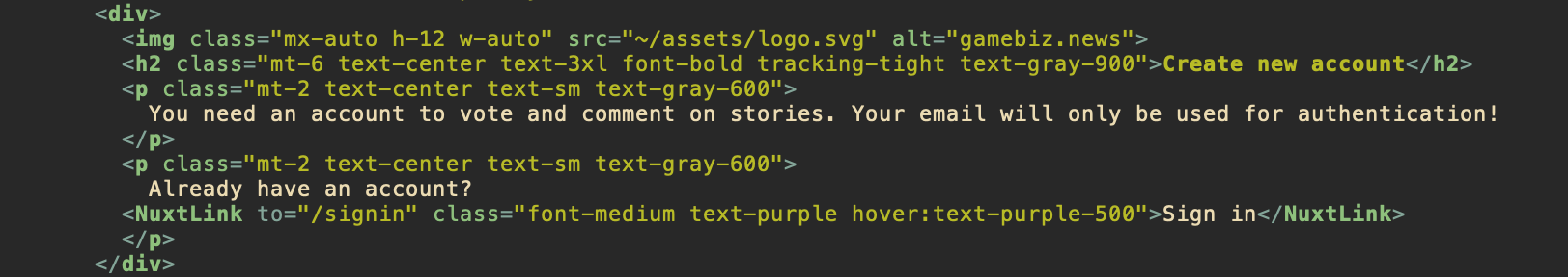 Example of how CSS classes are specified with Tailwind